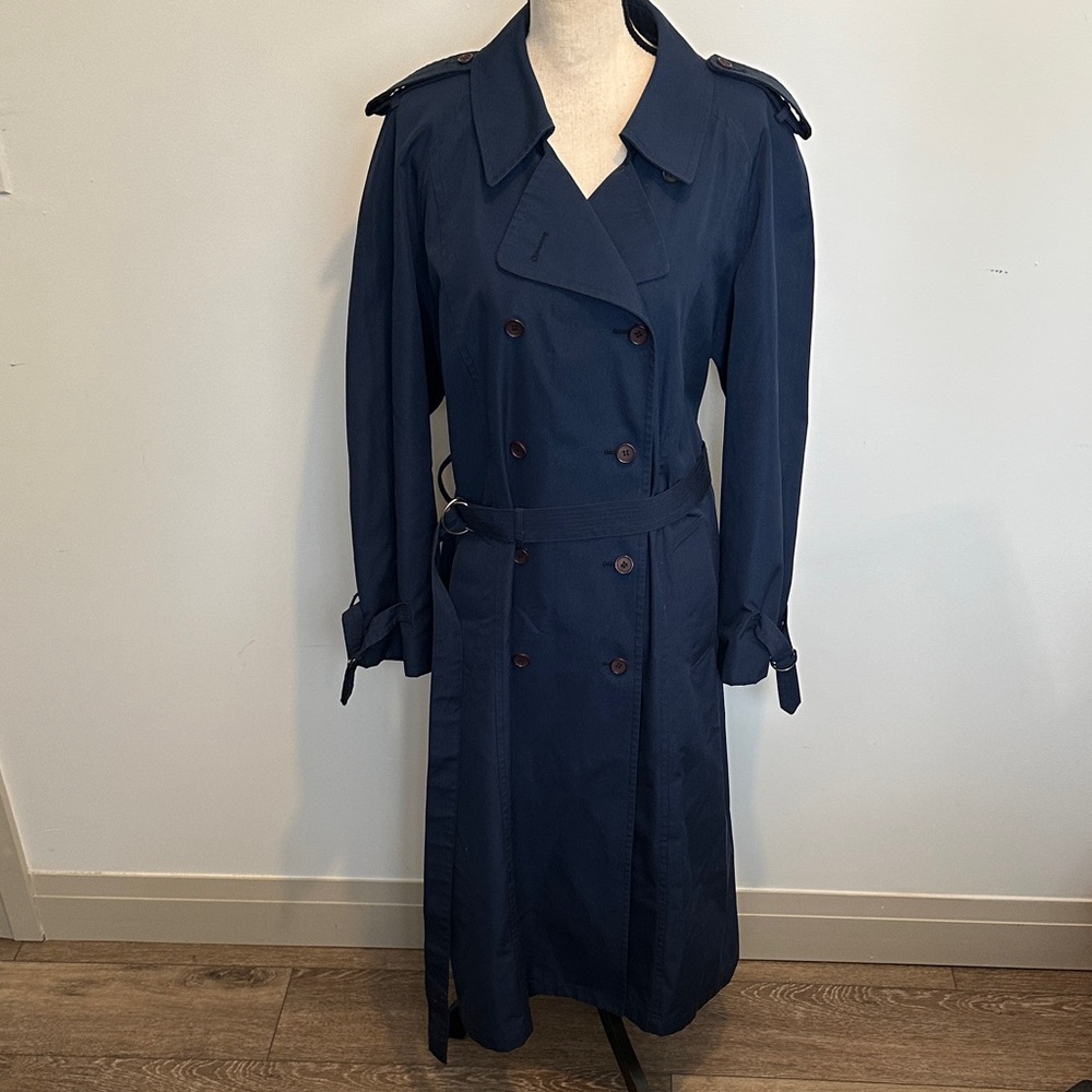 London Fog Classic Navy Blue Trench Coat Maxi Vintage Quiet Luxury 16 1/2